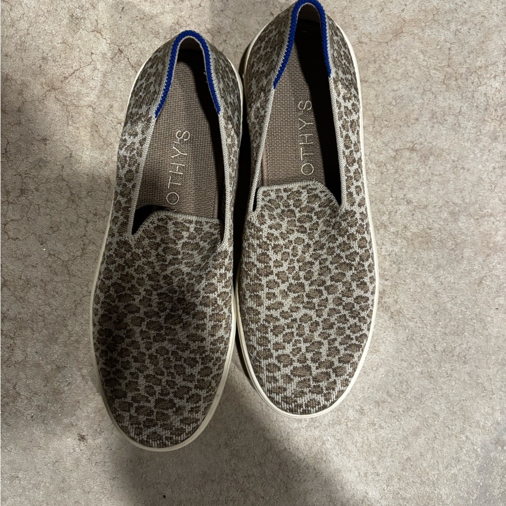 Rothy's Leopard Print Slip-On Sneakers with Blue Accent